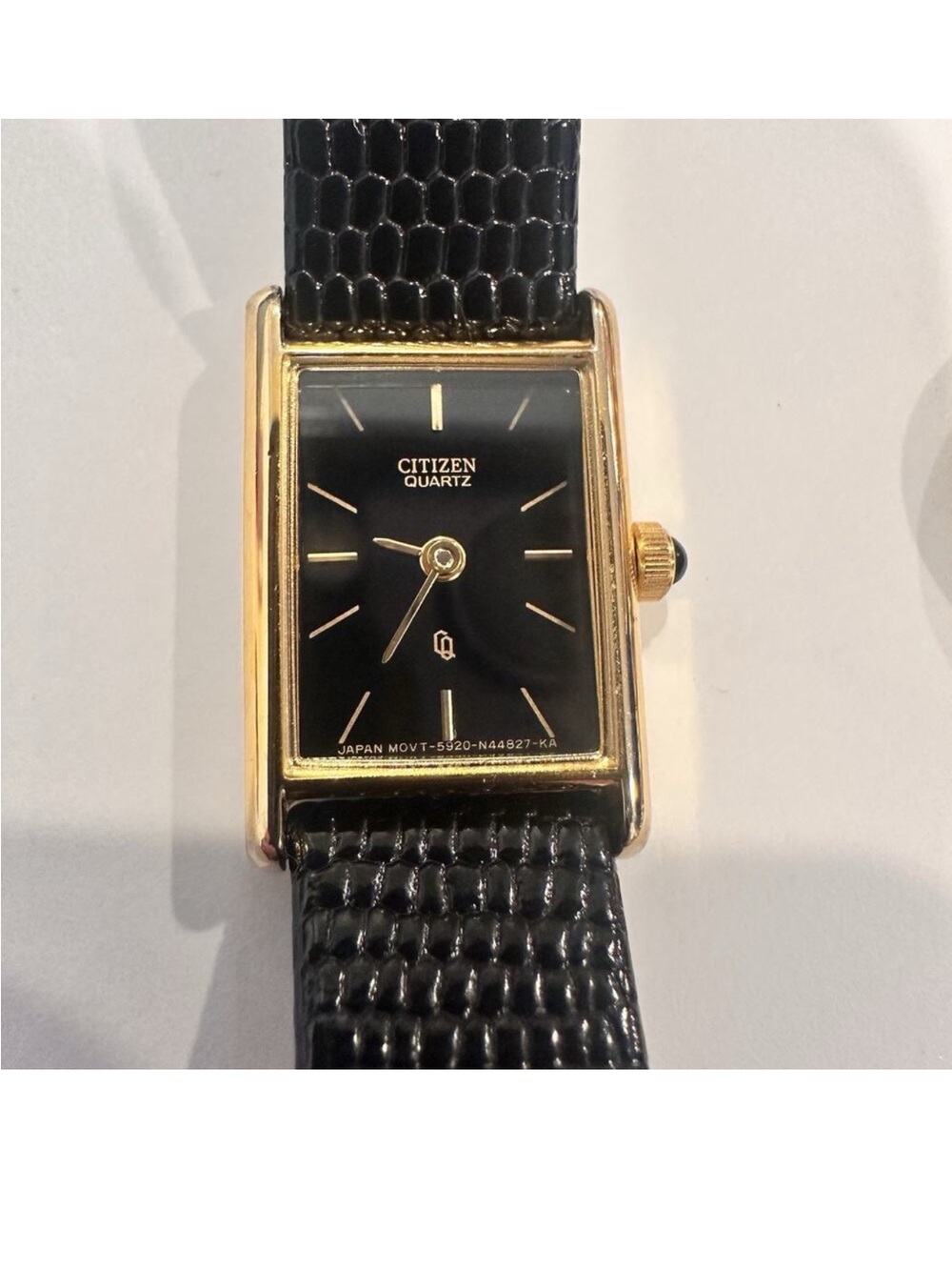 Citizen Gold-Tone Rectangular Watch with Black Dial and Black Leather Strap